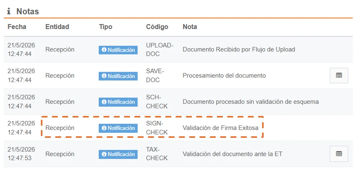 Detalle del documento sección Notas - Validación de firma exitosa