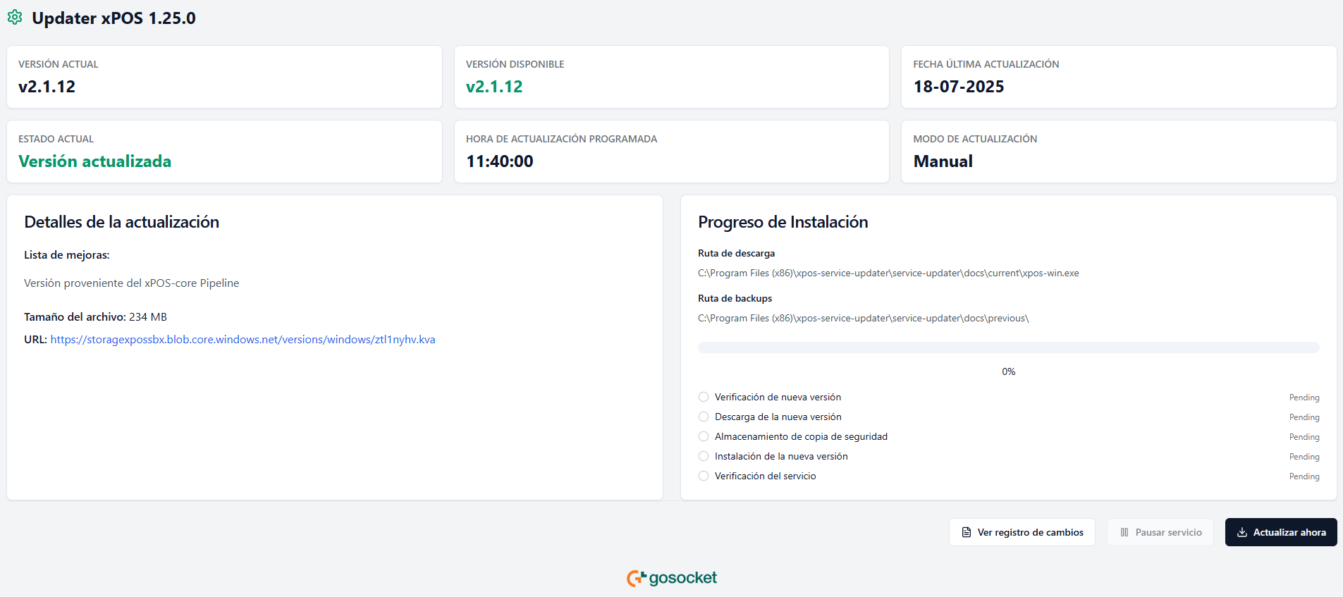 Detalle del dashboard del Updater