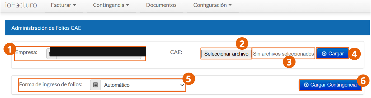 Pantalla de administración de folios con el campo de empresa, el selector de archivo CAE y los botones Cargar y Cargar Contingencia