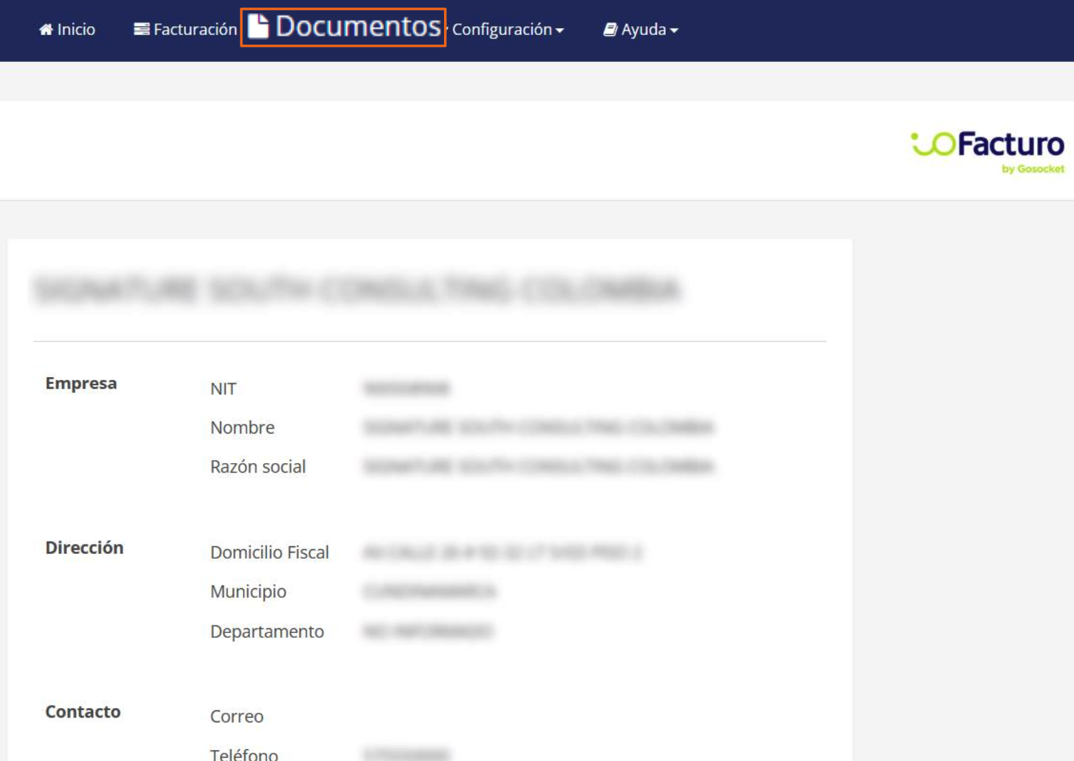 Menú principal de ioFacturo con la opción Documentos