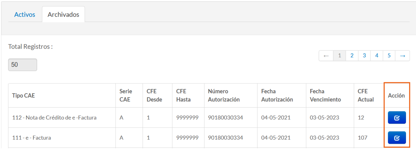 Pestaña Archivados de la tabla de folios con los rangos desactivados y su botón de activación