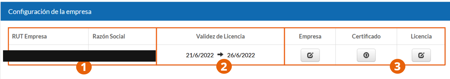 Pantalla Configuración de la empresa con los datos fiscales, la vigencia de la licencia y los botones de actualización