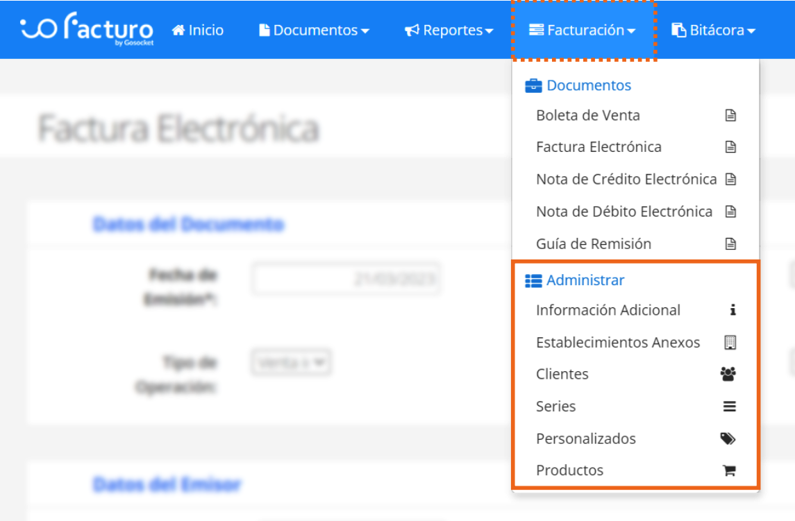 Menú Administrar del submódulo Facturación