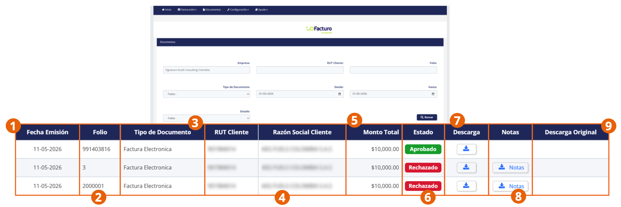 Listado de documentos emitidos con sus columnas de estado y descarga