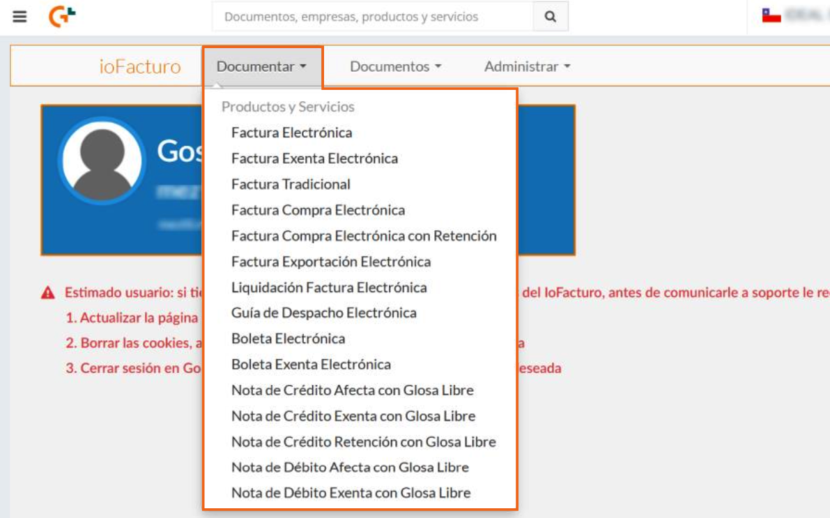 Módulo Documentar con los tipos de documento disponibles
