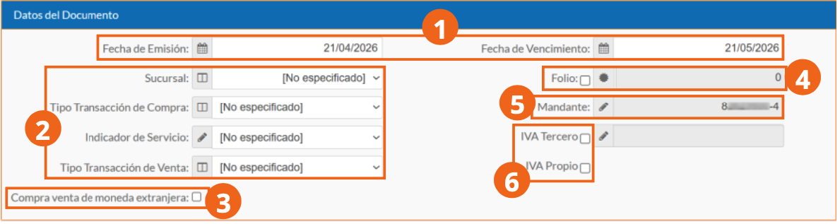 Sección Datos del documento del formulario de emisión
