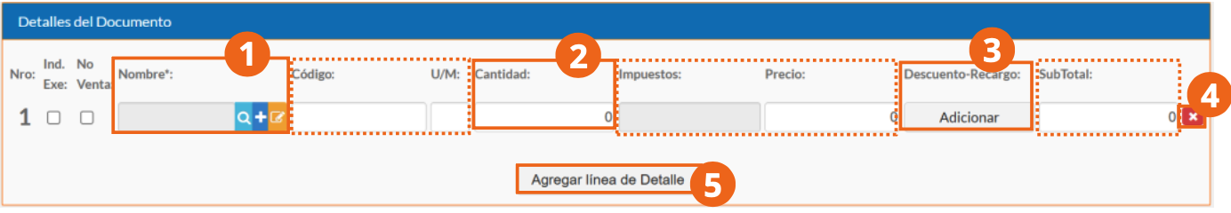Sección Detalles del documento con las líneas de productos