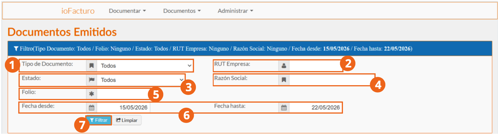 Filtros de búsqueda de Documentos Emitidos