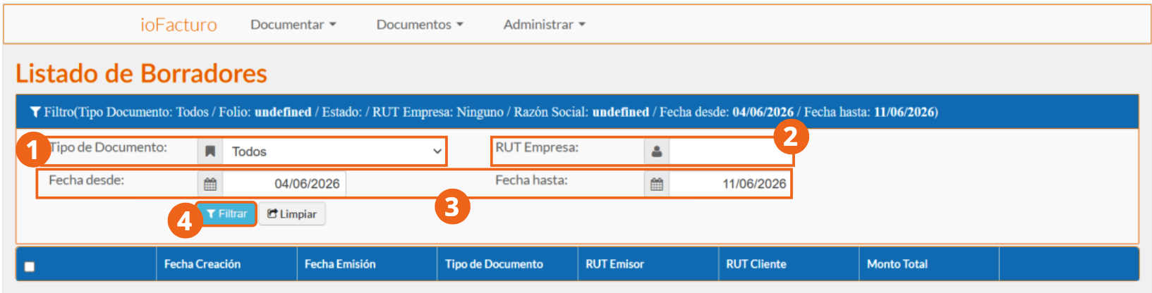 Filtros de búsqueda de Documentos en Borradores