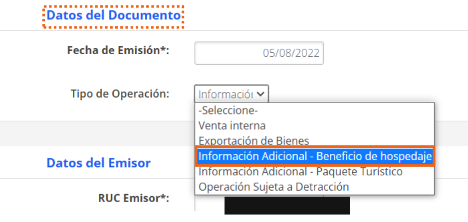 Selección de Información Adicional – Beneficio de hospedaje