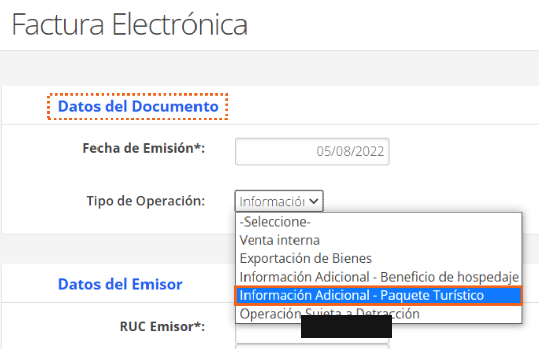 Selección de Información Adicional – Paquete Turístico