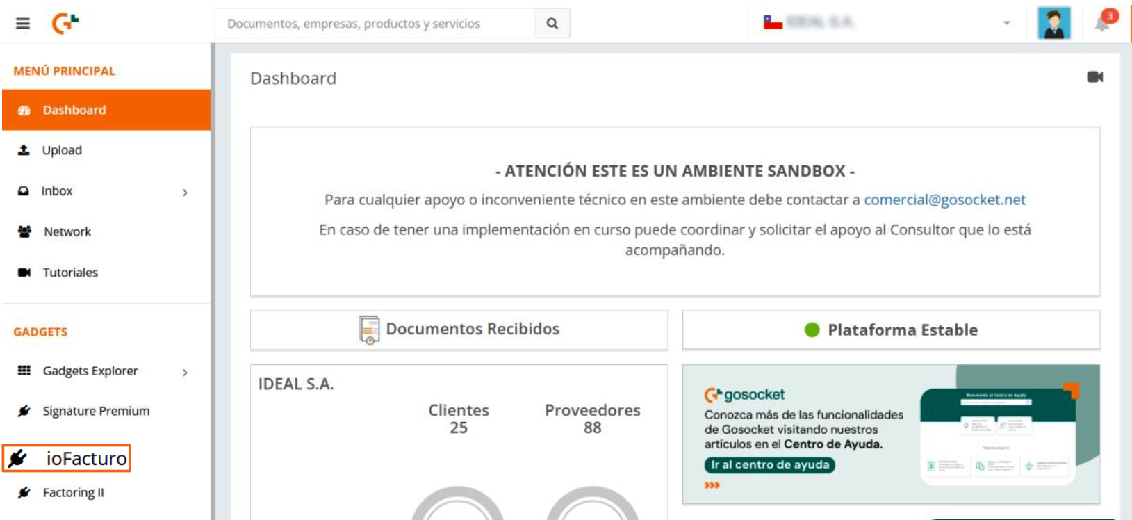 Ingreso al gadget de ioFacturo desde el menú lateral