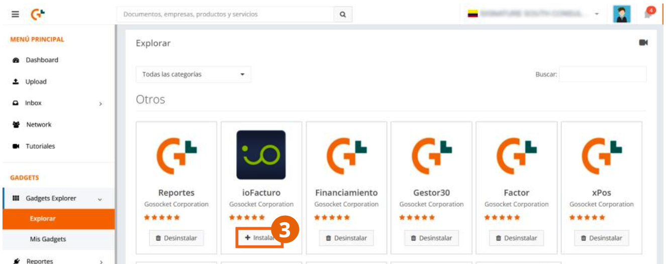 Explorador de gadgets con la opción de instalar ioFacturo