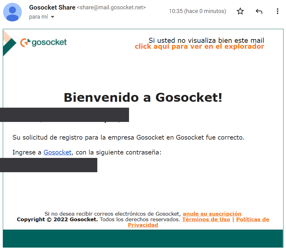 Correo de bienvenida de Gosocket con la contraseña de acceso