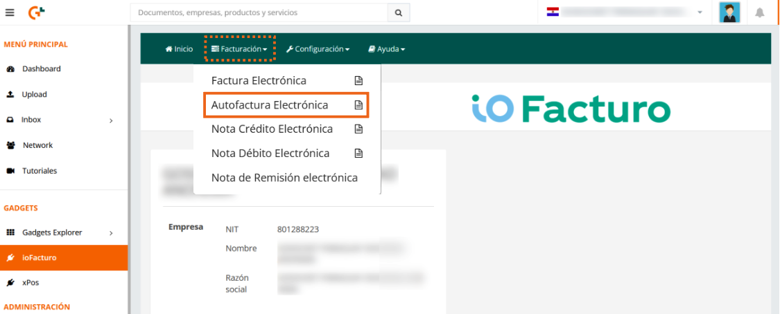 Menú Facturación de ioFacturo con la opción Autofactura Electrónica resaltada