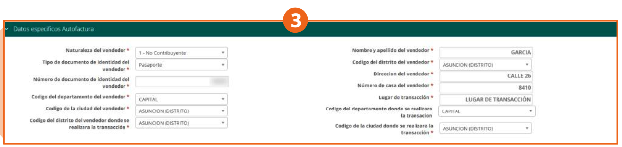 Sección Datos específicos Autofactura con los datos del vendedor