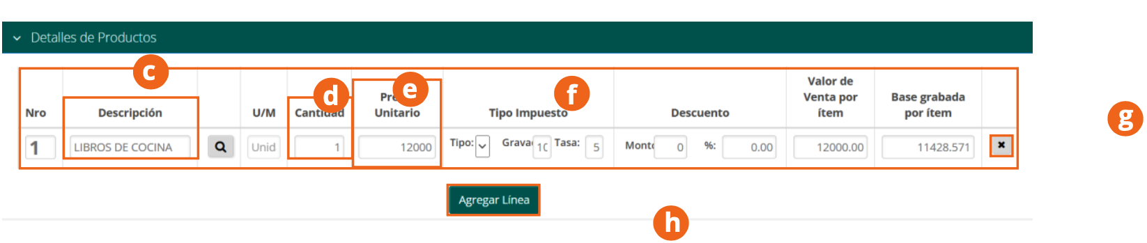 Línea de detalle con los datos del producto cargados en el formulario