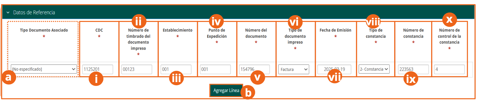 Sección Datos de Referencia con los campos de la constancia o el documento impreso asociado