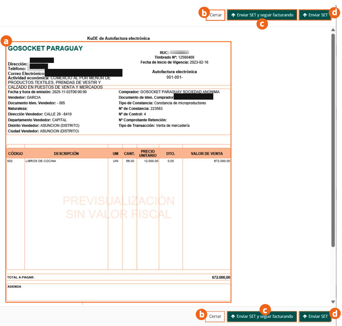 Previsualización del KuDE de la autofactura electrónica con los botones de envío