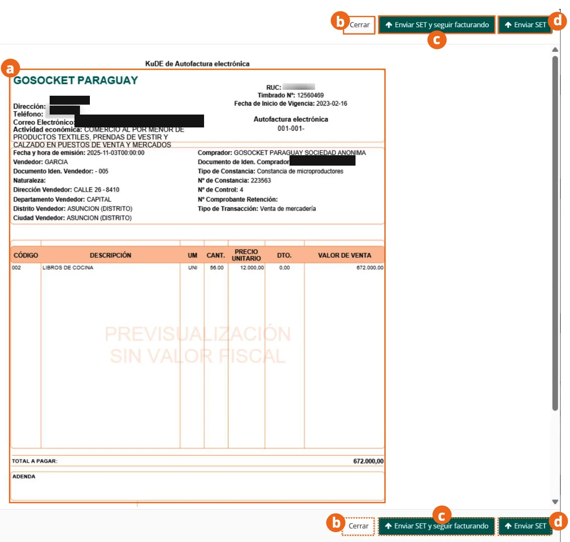 Previsualización del KuDE de la autofactura electrónica con los botones de envío