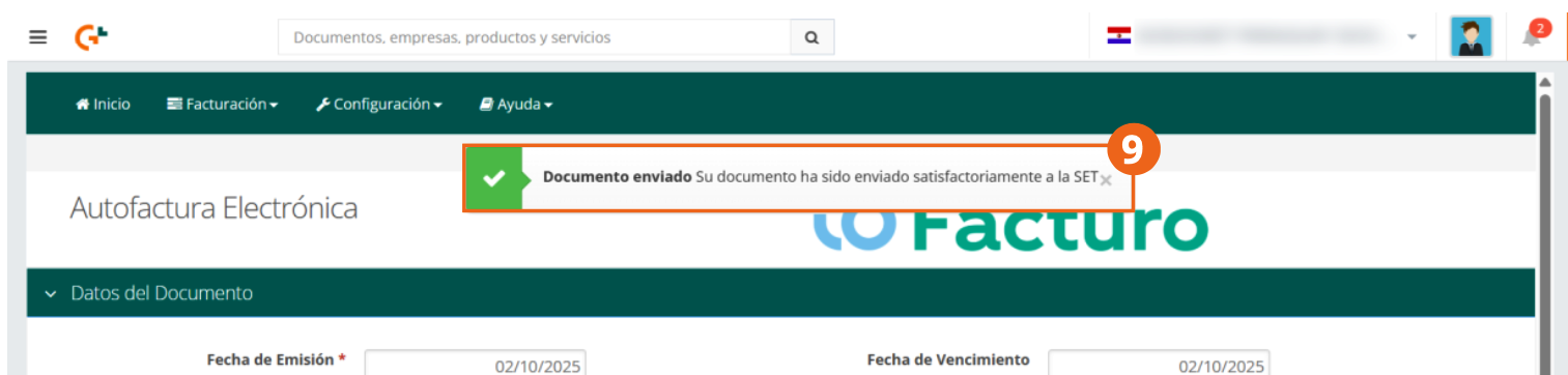 Mensaje de confirmación de documento enviado satisfactoriamente