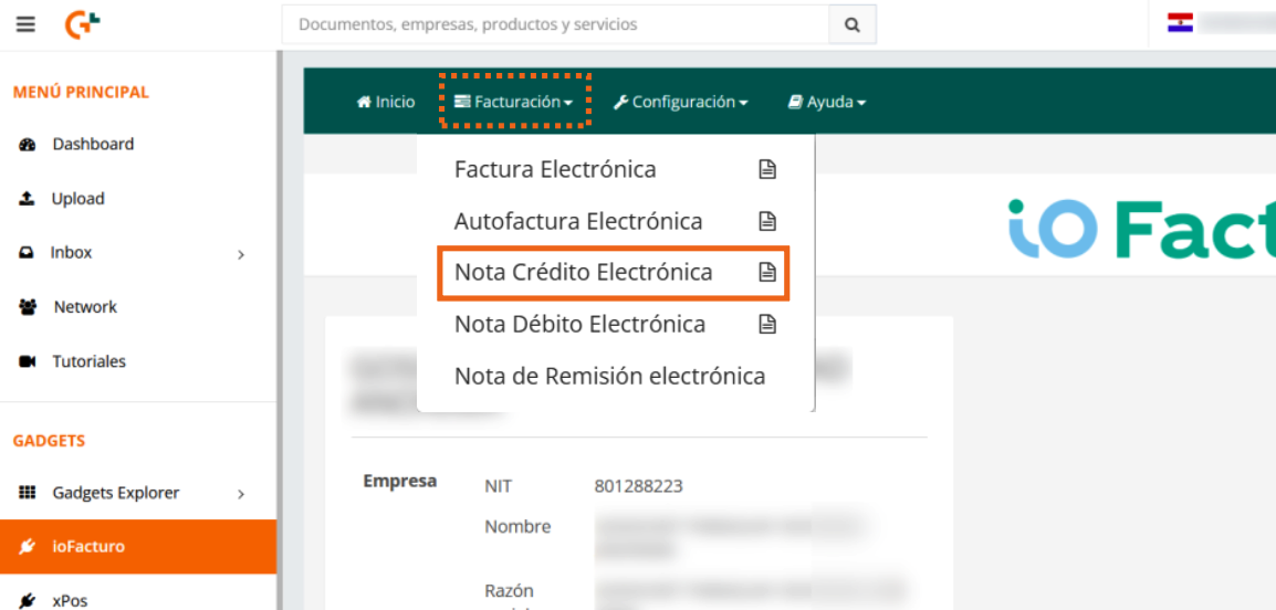 Menú Facturación de ioFacturo con la opción Nota Crédito Electrónica resaltada