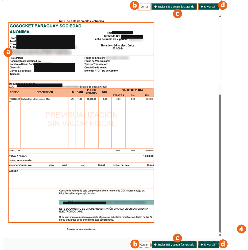 Previsualización del KuDE de la nota de crédito electrónica con los botones de envío