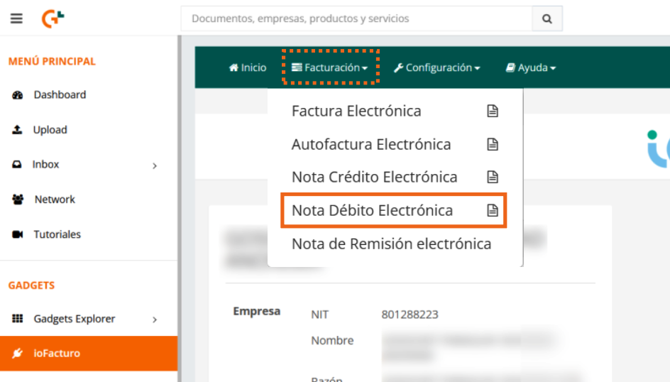 Menú Facturación de ioFacturo con la opción Nota Débito Electrónica resaltada