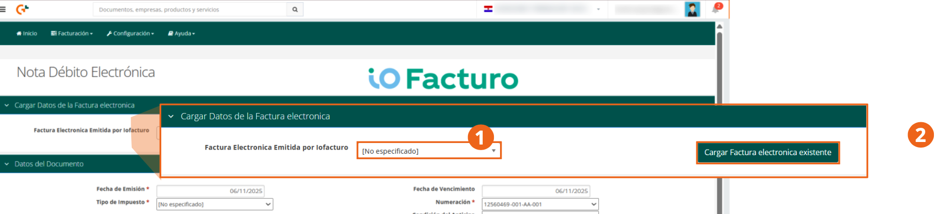 Sección Cargar Datos de la Factura electrónica con el selector y el botón Cargar Factura electronica existente