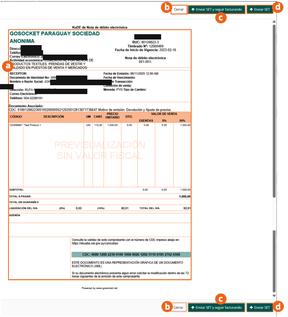 Previsualización del KuDE de la nota de débito electrónica con los botones de envío