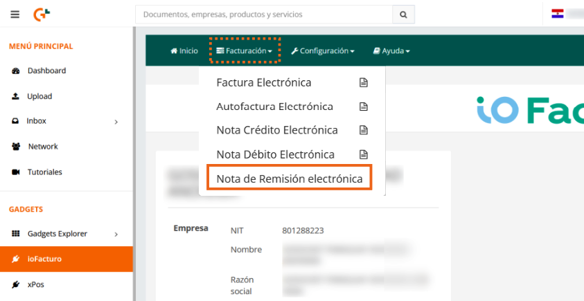 Menú Facturación de ioFacturo con la opción Nota de Remisión electrónica resaltada