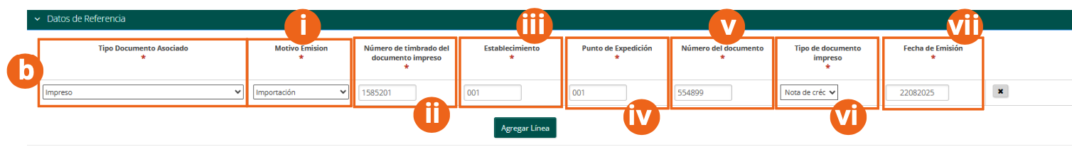 Datos de Referencia con los campos del documento impreso
