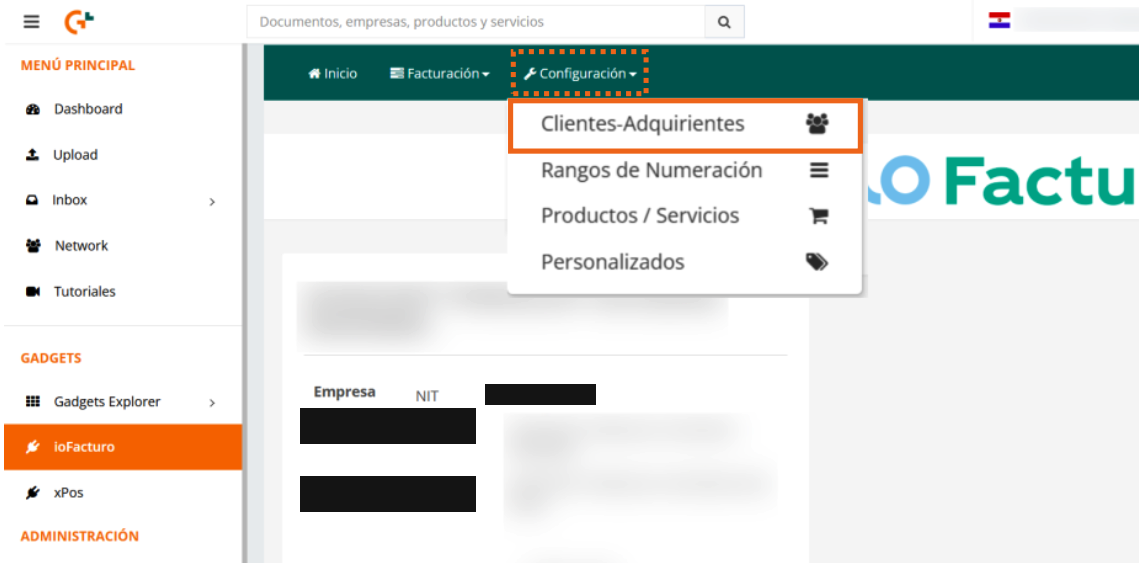 Menú Configuración con las opciones Clientes-Adquirientes, Rangos de Numeración, Productos / Servicios y Personalizados