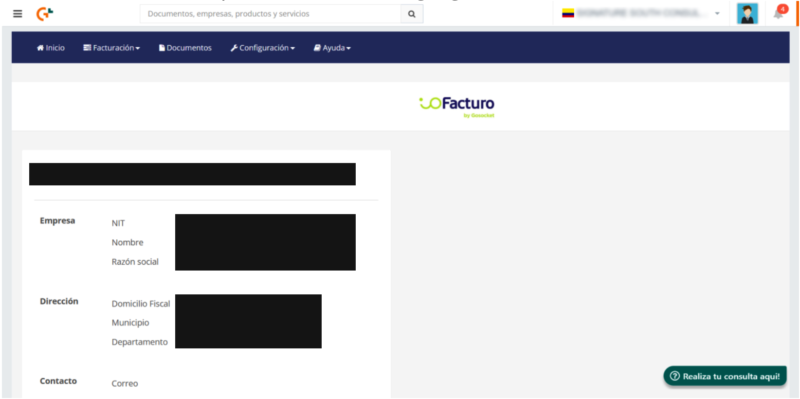Pantalla de inicio del gadget ioFacturo con el menú principal