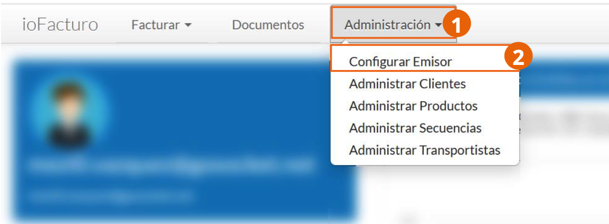 Menú Administración de ioFacturo con la opción Configurar Emisor