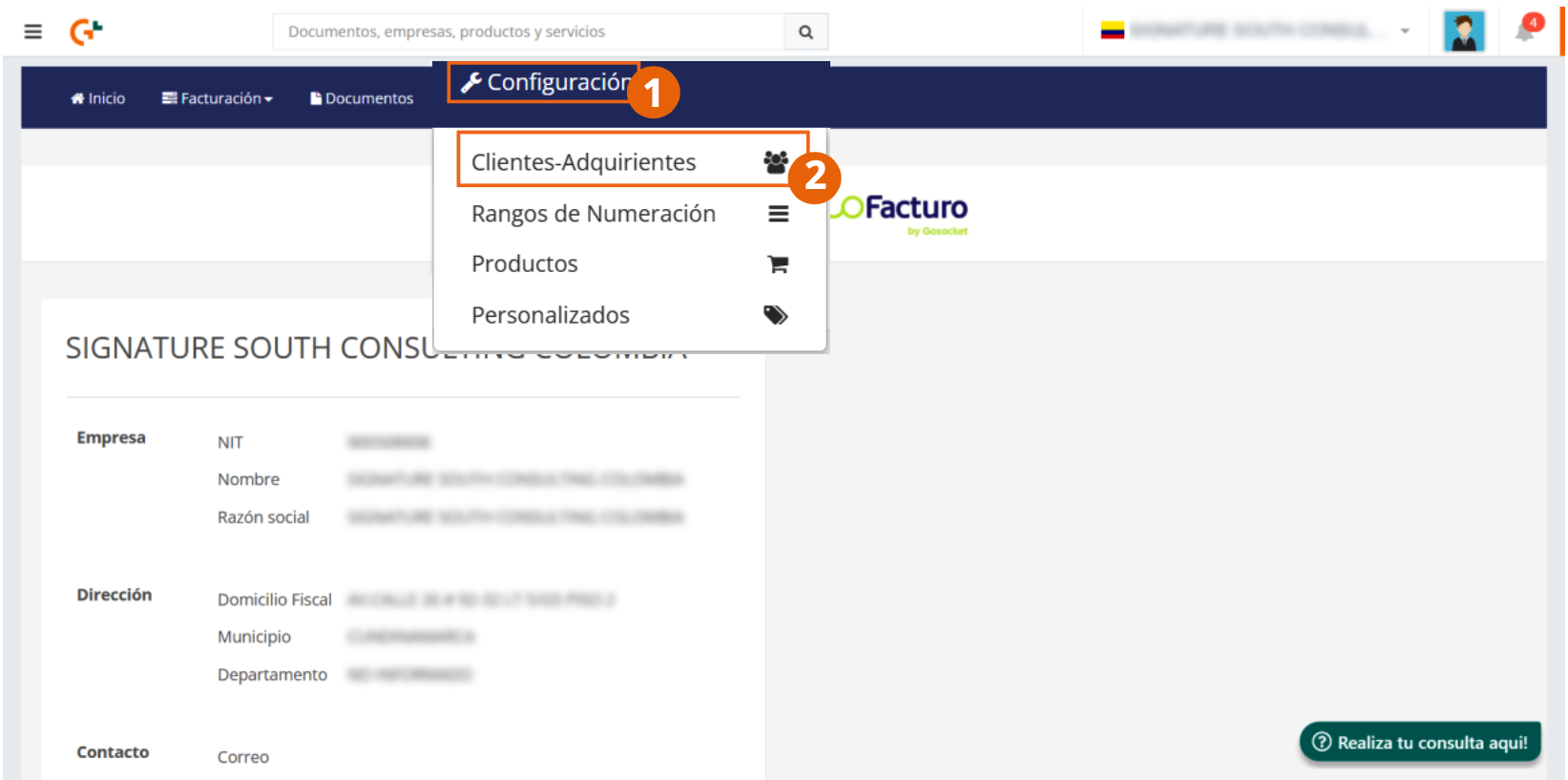 Menú Configuración de ioFacturo con la opción Clientes-Adquirientes
