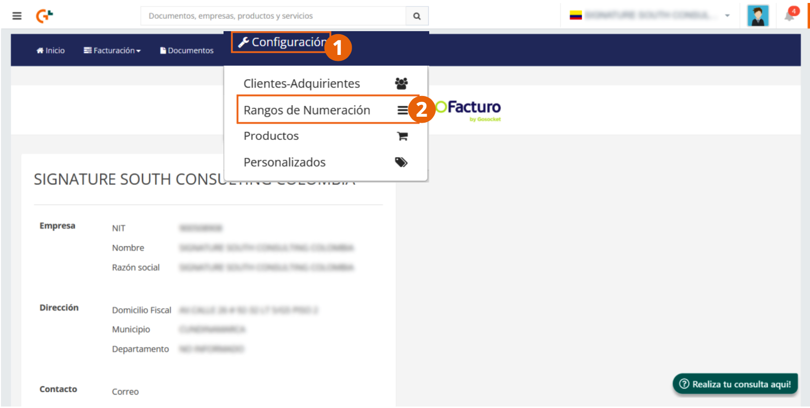Menú Configuración de ioFacturo con la opción Rangos de Numeración