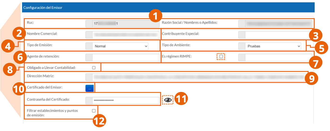 Campos de datos fiscales y certificado en la Configuración del Emisor