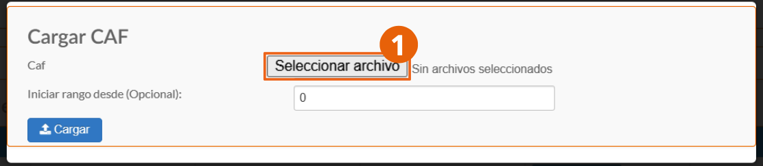 Botón Cargar Caf en el submódulo Folios