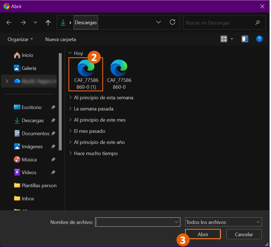 Ventana para seleccionar el archivo CAF