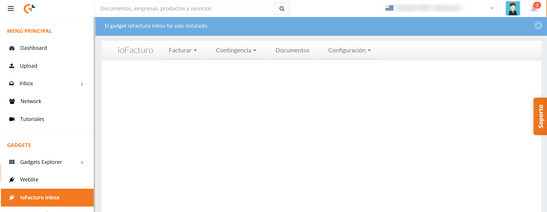 Notificación de que el gadget ioFacturo Inbox ha sido instalado