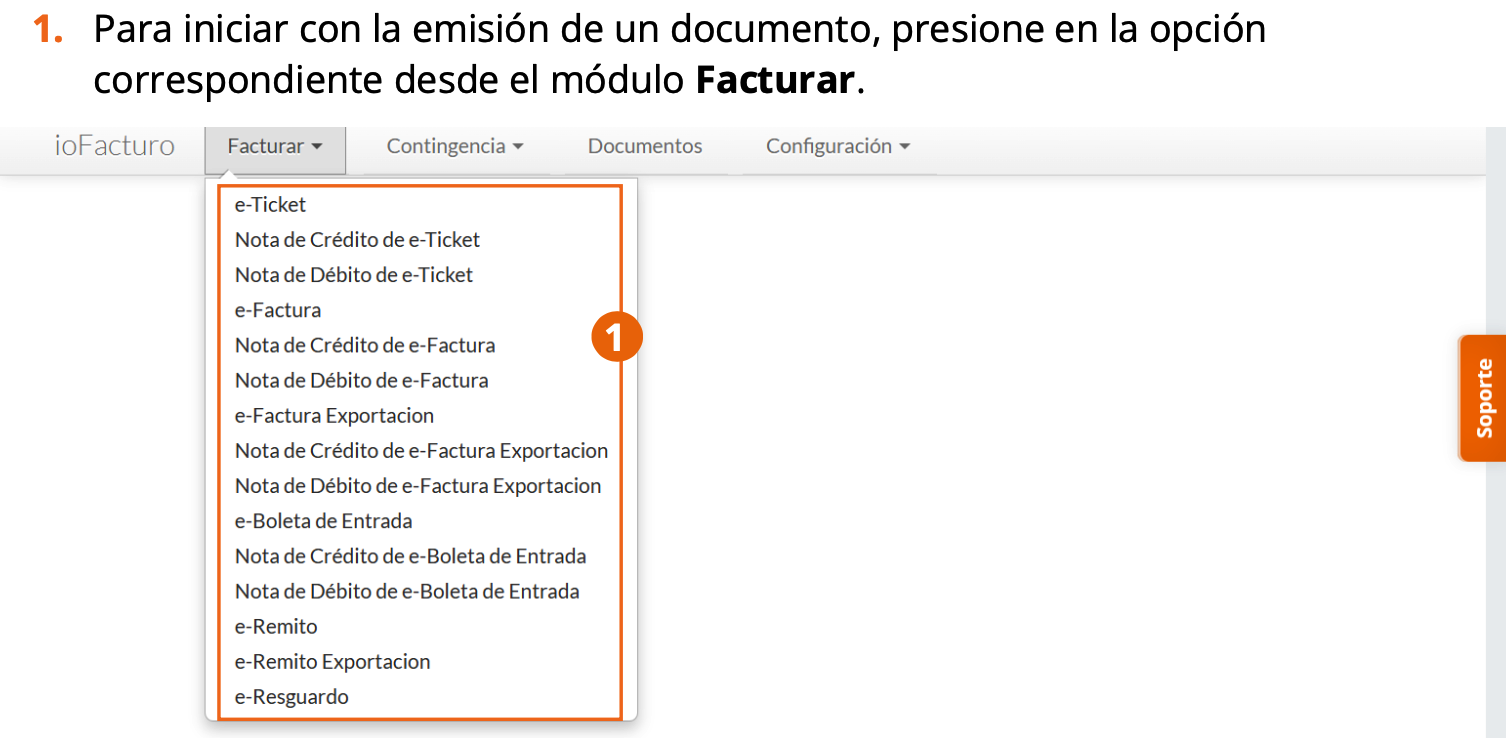 Menú Facturar con los tipos de CFE disponibles para emitir