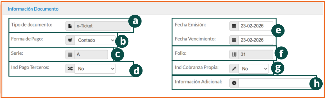 Sección Información Documento del formulario de emisión de e-Ticket y e-Factura
