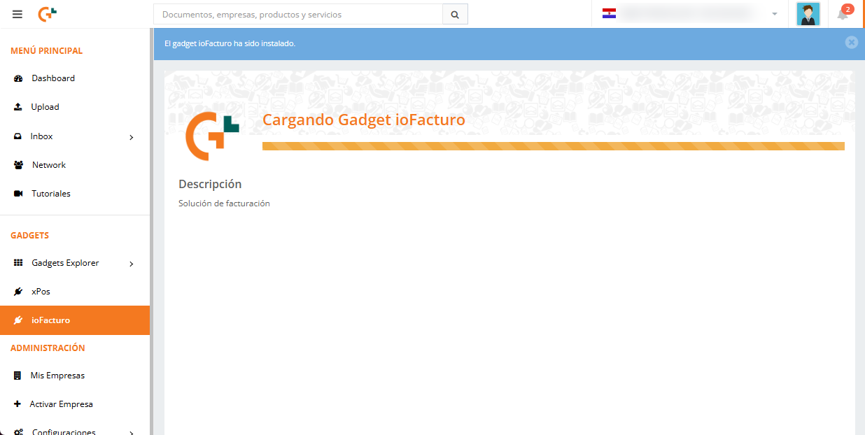 Mensaje de confirmación de instalación y carga del gadget ioFacturo