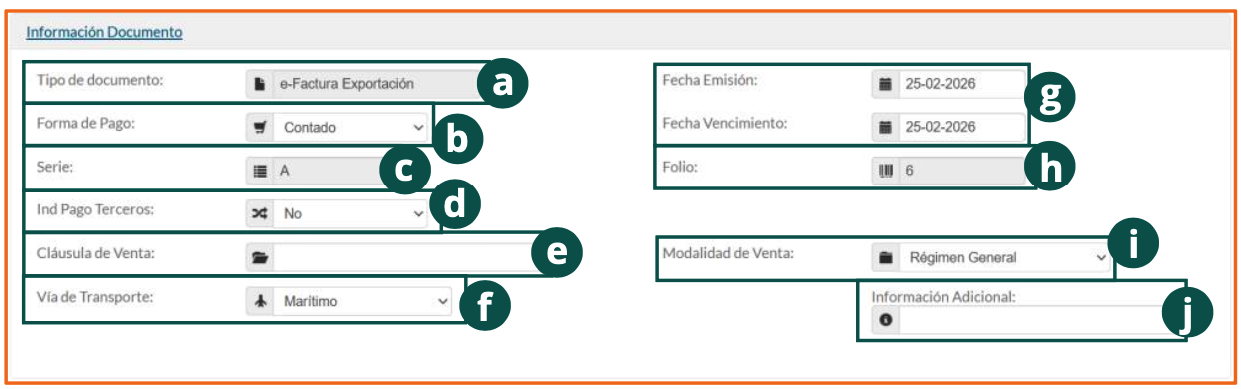 Sección Información Documento del formulario de emisión de e-Factura Exportación