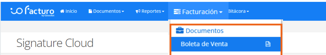 Menú de Facturación de ioFacturo con los tipos de documento disponibles