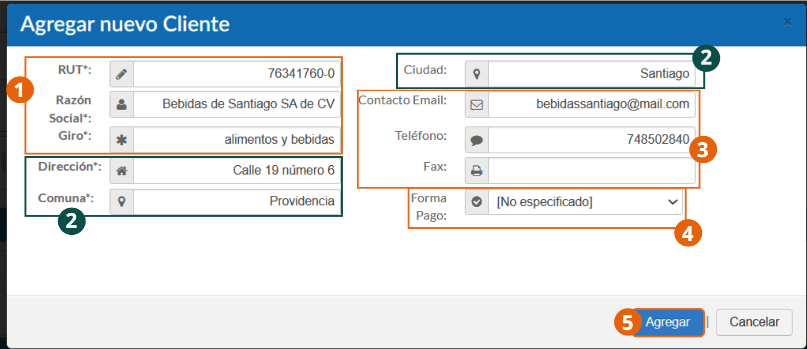 Formulario de registro de un nuevo cliente
