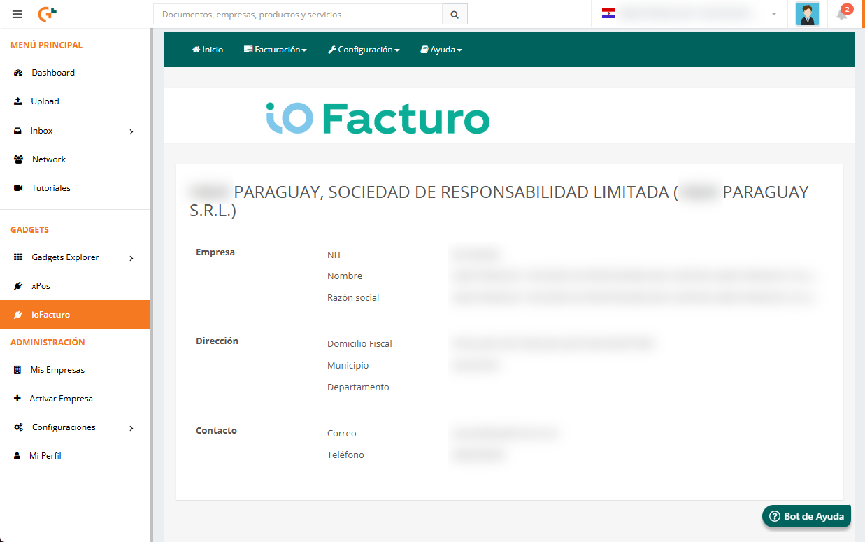 Pantalla inicial de ioFacturo con los datos de registro de la empresa