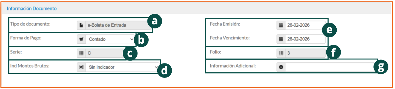Sección Información Documento del formulario de emisión de e-Boleta de Entrada