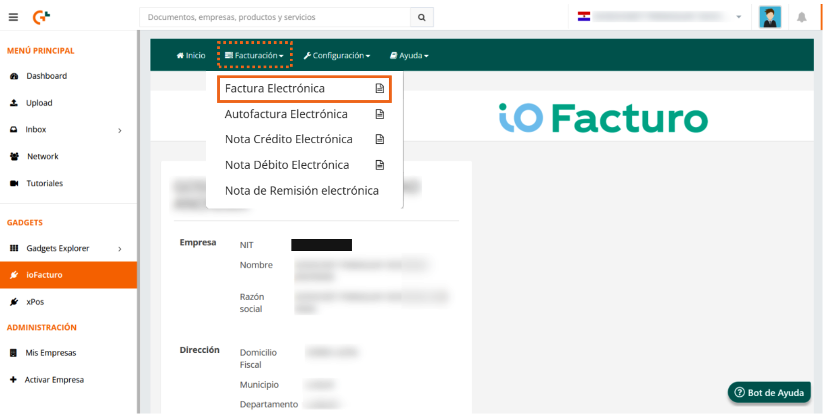 Menú Facturación de ioFacturo con los tipos de documento disponibles